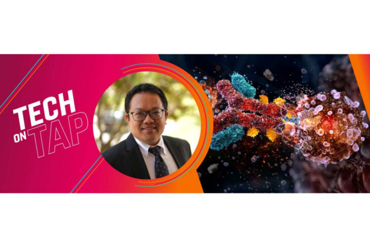 Banner for Tech on Tap: photo of a man in a suit in an orange circular frame on a pink background beside colorful molecular artwork.