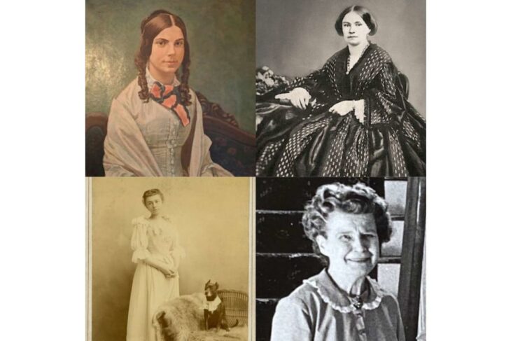 Collage of four vintage portraits: young woman with braids top-left, woman in dark patterned dress top-right, woman in pale dress with a dog bottom-left, and smiling older woman bottom-right.