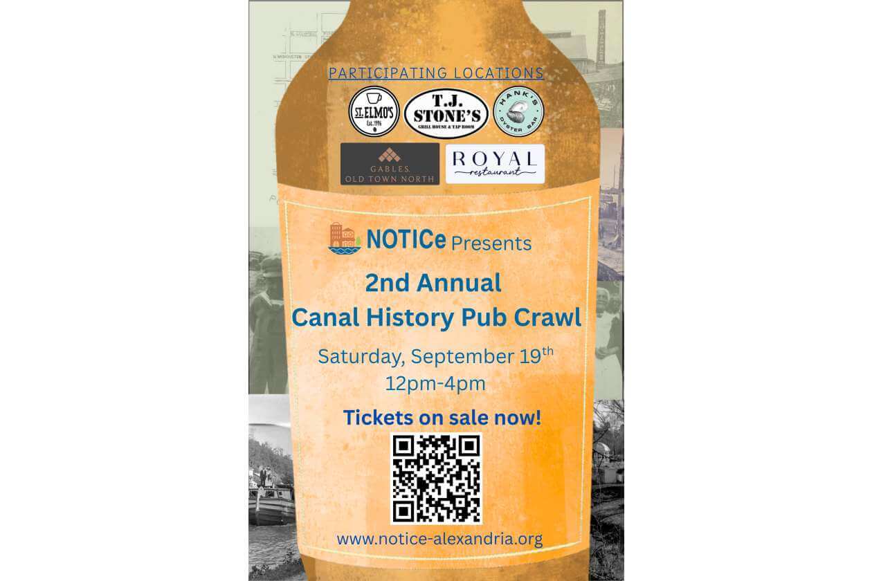 Poster for the 2nd Annual Canal History Pub Crawl on Sept 19, 12–4pm, with a QR code and website URL.