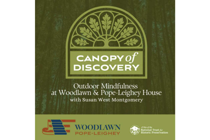 Poster for Canopy of Discovery: Outdoor Mindfulness at Woodlawn & Pope-Leighey House with Susan West Montgomery; logos at bottom.