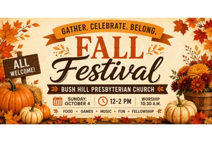 Fall Festival poster for Bush Hill Presbyterian Church with pumpkins and autumn decor; event date, time, and activities listed (food, games, music, fellowship).