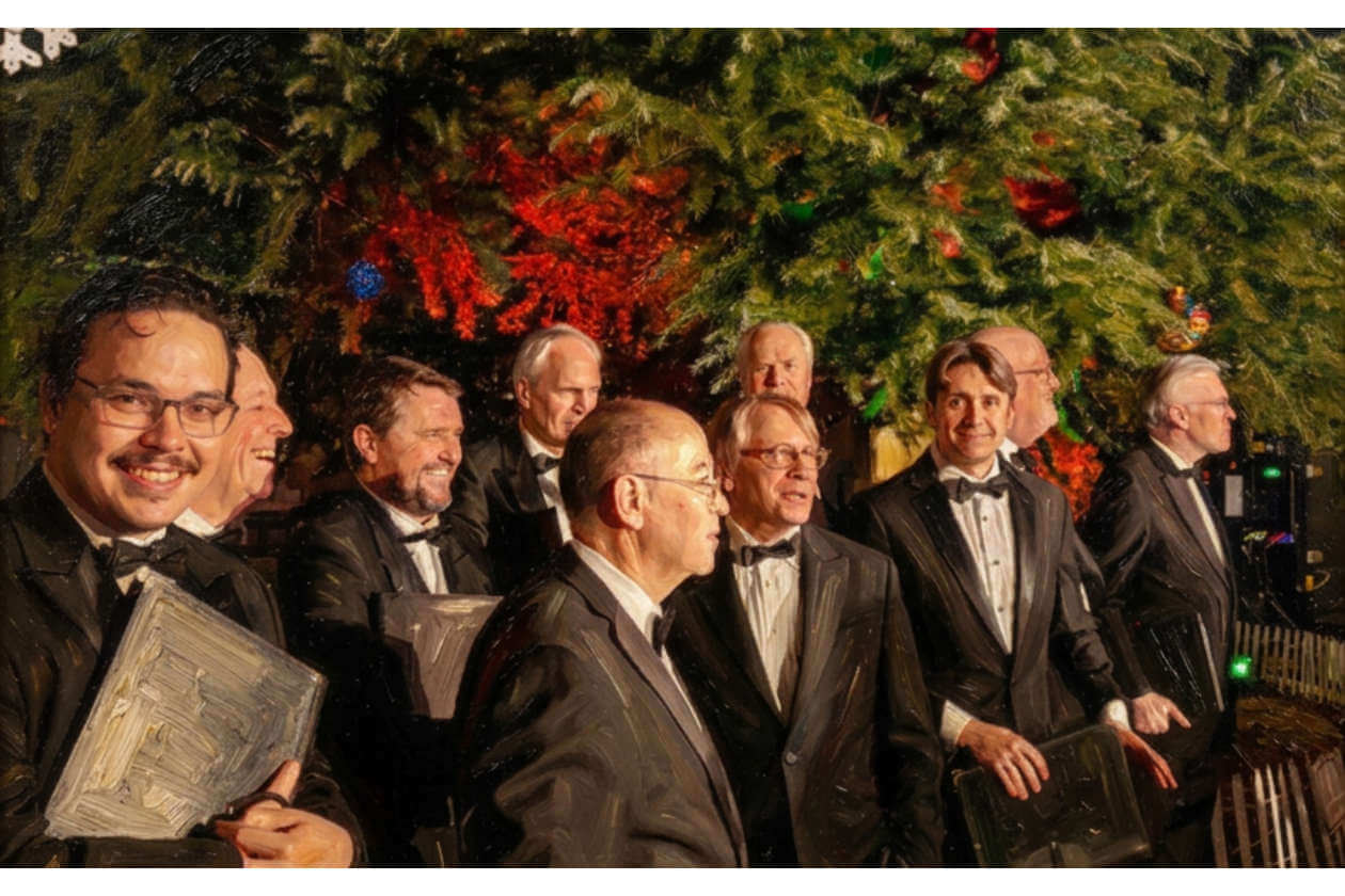 Group of men in tuxedos holding sheet music binders, posing in front of a large decorated Christmas tree.