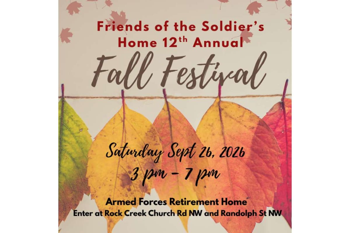 Poster for Friends of the Soldier’s Home 12th Annual Fall Festival with colorful autumn leaves; shows date, time, and location details for the event (Sept 26, 2016, 3–7 pm, Armed Forces Retirement Home). اُن