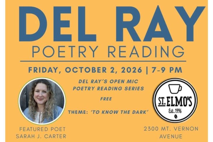 Orange poster advertising Del Ray Poetry Reading: Fri Oct 2, 2026, 7–9 PM at St. Elmo's; features Sarah J. Carter; theme 'To Know the Dark'; free.