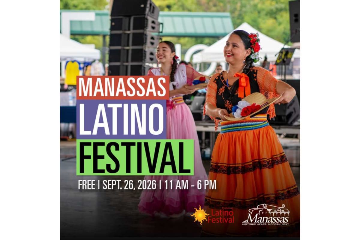 Poster for Manassas Latino Festival featuring two dancers in colorful traditional dresses with bold event text and festival logos. Date: Sept. 26, 2026, 11 AM–6 PM; free admission.