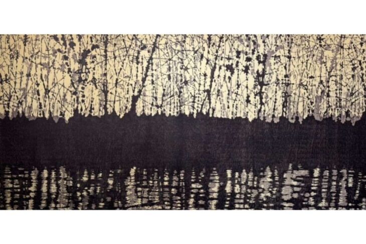 Abstract vertical, tree-like beige and black strokes above a dark horizon with a water-like reflection below.