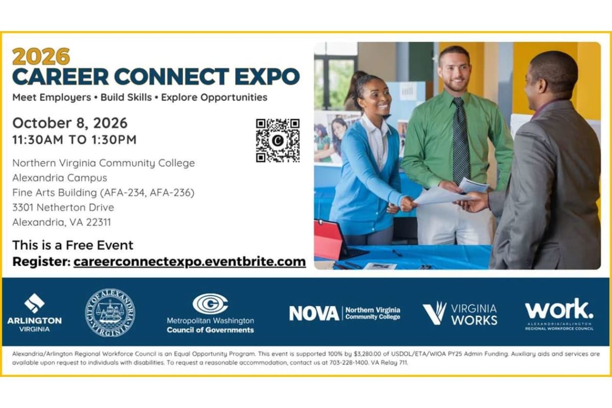2026 Career Connect Expo flyer with date, time, venue details and a networking photo of three people on the right.