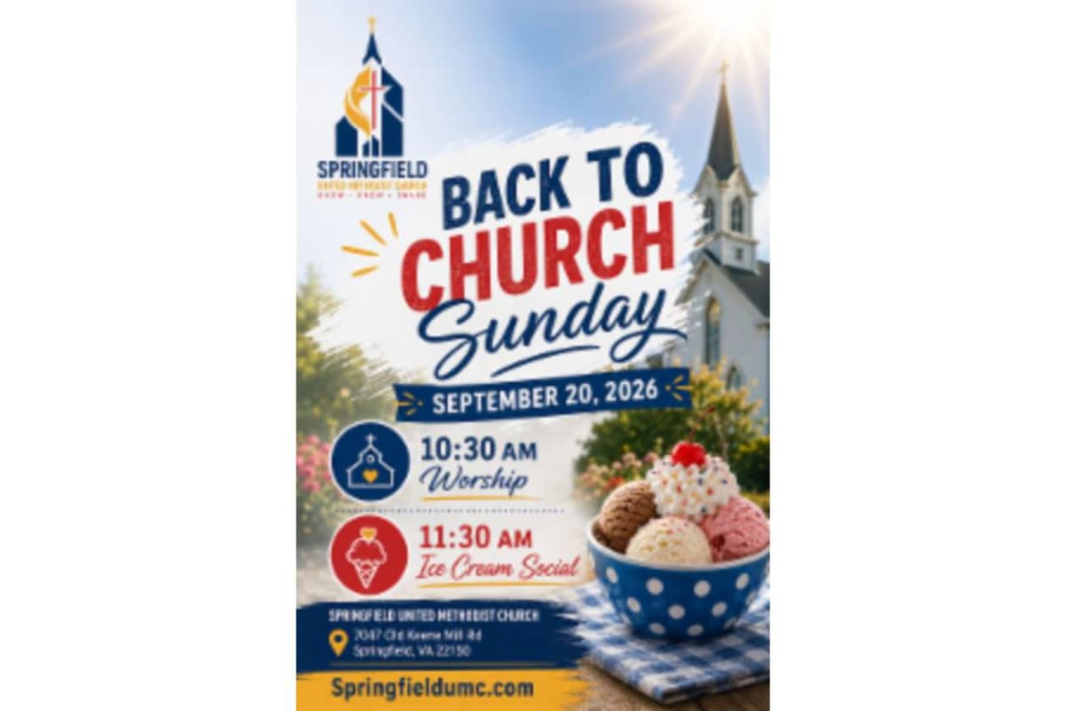 Back to Church Sunday flyer for Springfield United Methodist Church: Sept 20, 2026; 10:30 AM Worship and 11:30 AM Ice Cream Social, with a bowl of ice cream image and church steeple.