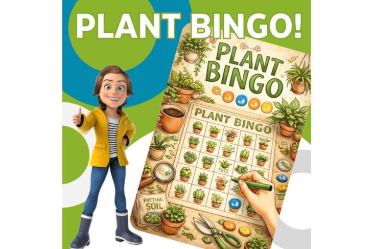 Plant Bingo game cover with a cheerful cartoon character giving a thumbs up beside a plant-themed Bingo sheet, colorful design.
