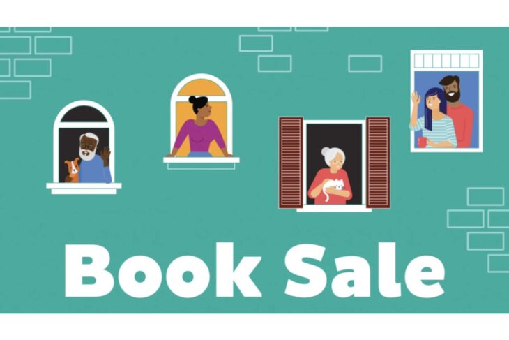 Illustration of people in four windows above a teal wall with the words 'Book Sale'—promoting a book sale event.