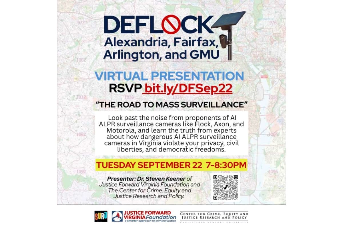 Poster for a virtual presentation titled 'The Road to Mass Surveillance' about AI-ALPR cameras; RSVP bit.ly/DFSep22; Tuesday Sept 22, 7–8:30 PM; presenter Dr. Steven Keener, Justice Forward Virginia Foundation and Center for Crime, Equity and Justice Research and Policy.