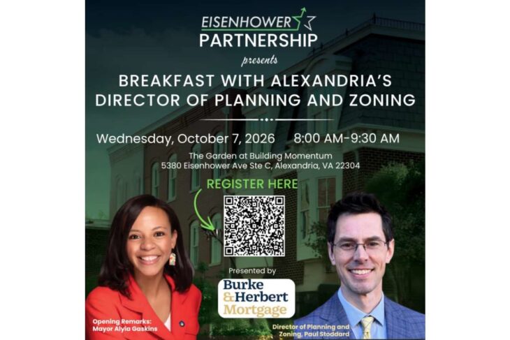 Event poster for 'Breakfast with Alexandria’s Director of Planning and Zoning' featuring speakers Alyia Gaskins and Paul Stoddard; includes date, time, location, and a QR code for registration.