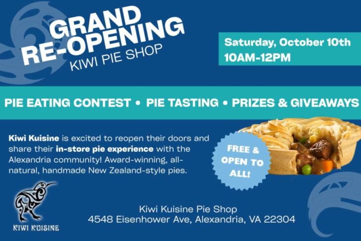 Flyer announcing Kiwi Kuisine Pie Shop grand re-opening with event details: date, time, pie tasting, contests, prizes, and location in Alexandria, VA.