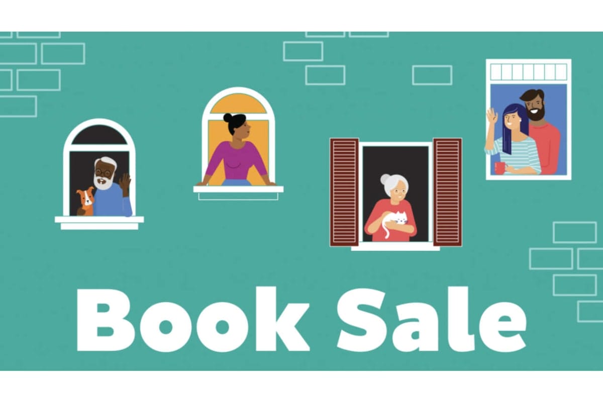 Teal banner with large 'Book Sale' text and four windows showing people looking out (dog owner, woman, elderly woman with a cat, and a couple waving).