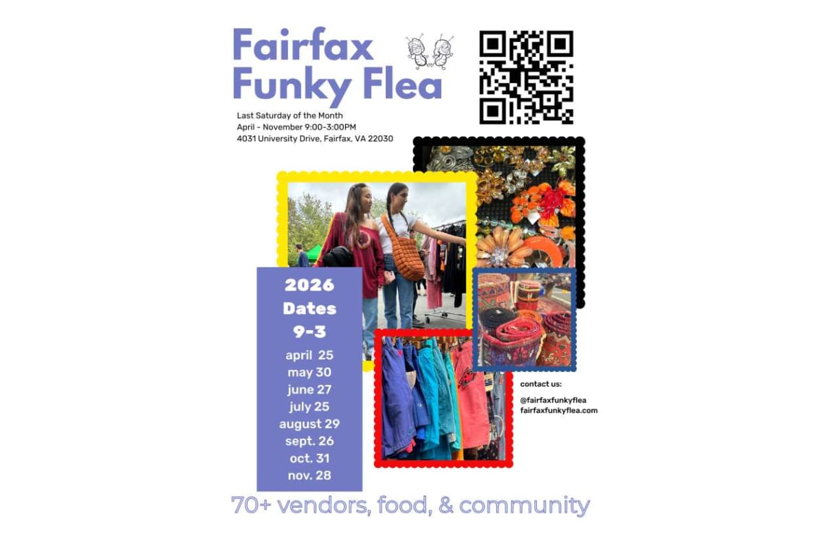Poster for Fairfax Funky Flea with a QR code, dates list, and colorful vendor collage (clothes, fabrics) indicating 70+ vendors and a community market.