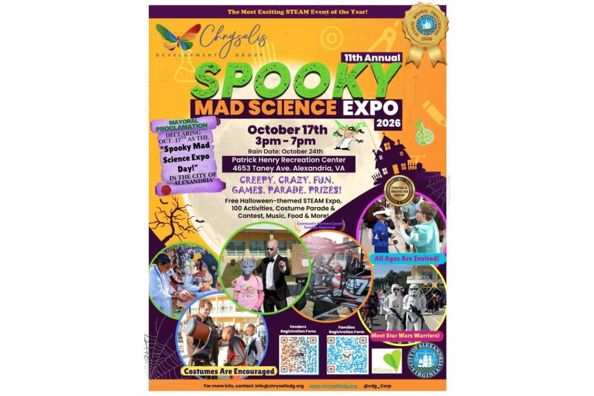 Poster advertising the 11th Annual Spooky Mad Science Expo 2026 with a bright orange Halloween-themed design and bold green title.