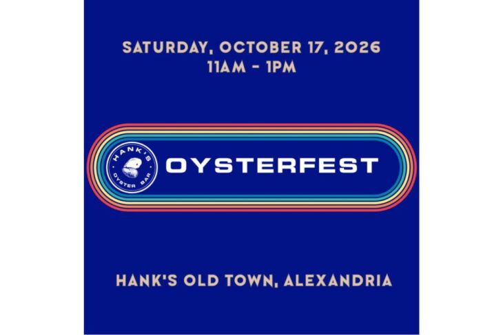 Blue poster advertising Hank's Oysterfest at Hank's Old Town in Alexandria on Saturday, Oct 17, 2026, 11 AM–1 PM.