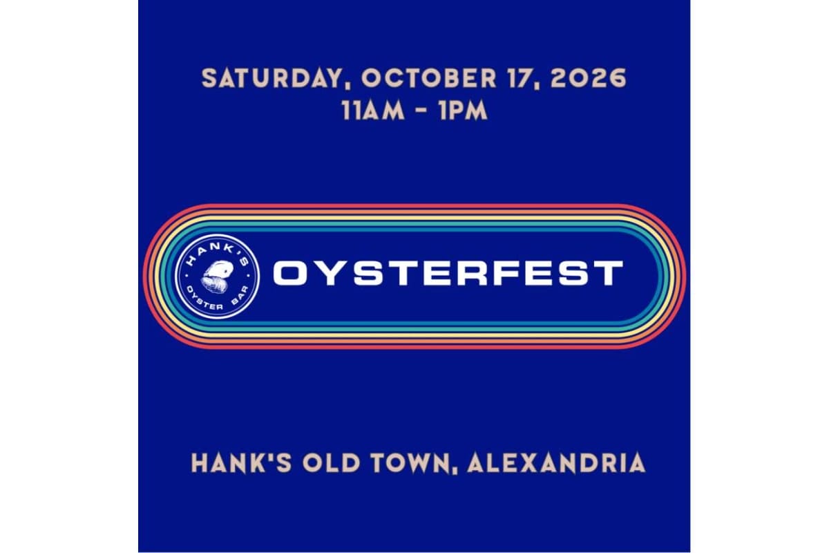 Blue poster advertising Hank's Oysterfest at Hank's Old Town in Alexandria on Saturday, Oct 17, 2026, 11 AM–1 PM.