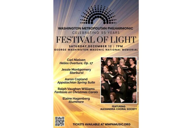 Poster for Festival of Light by the Washington Metropolitan Philharmonic; lists Nielsen, Montgomery, Copland works; photo inset of choir; tickets at wmpamusic.org.