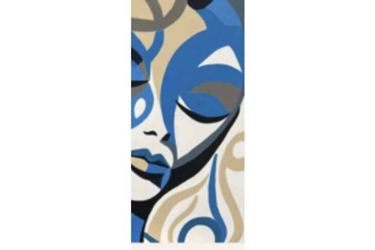 Abstract portrait in blue, beige, and black tones with a calm, closed-eye profile surface area shown.