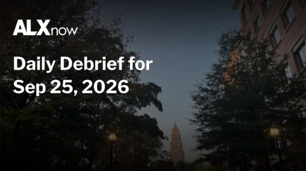 ALX now logo with the headline 'Daily Debrief for Sep 25, 2026' over a twilight urban scene with trees and a distant tower.