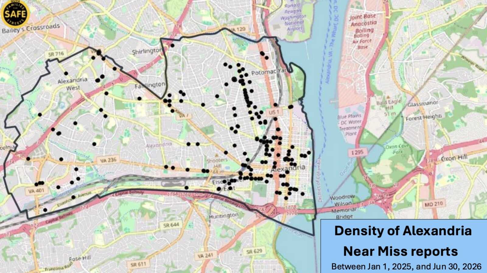Map of Alexandria showing density of near-miss reports with black dots across the area, overlaid on streets and landmarks.