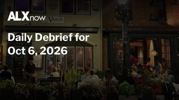 ALXnow logo with the text 'Daily Debrief for Oct 6, 2026' over a nighttime street cafe scene.