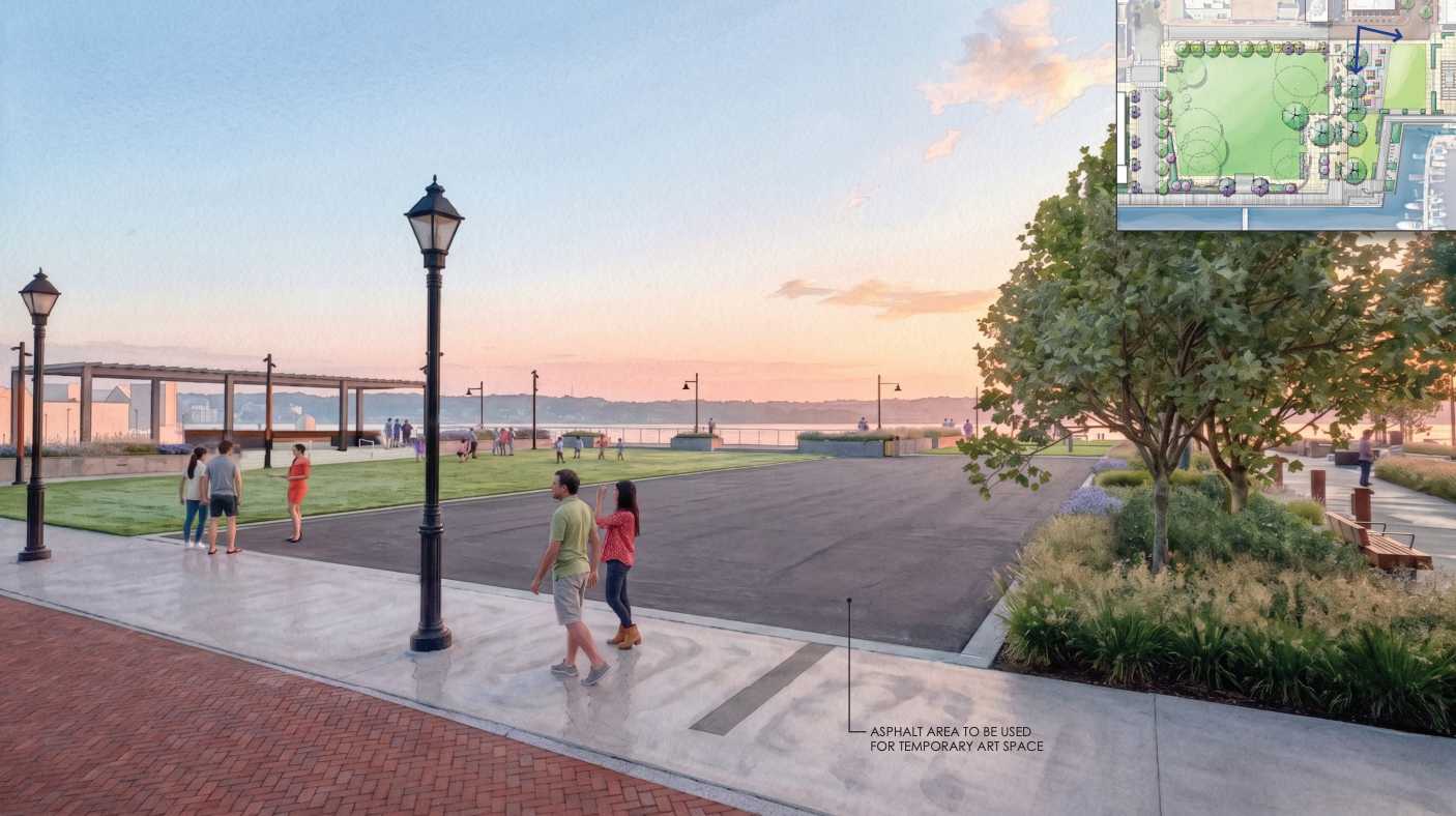 Wide waterfront park scene with paved walkway, lampposts, green lawn, and people strolling; inset map shows a proposed temporary art space area on the right.