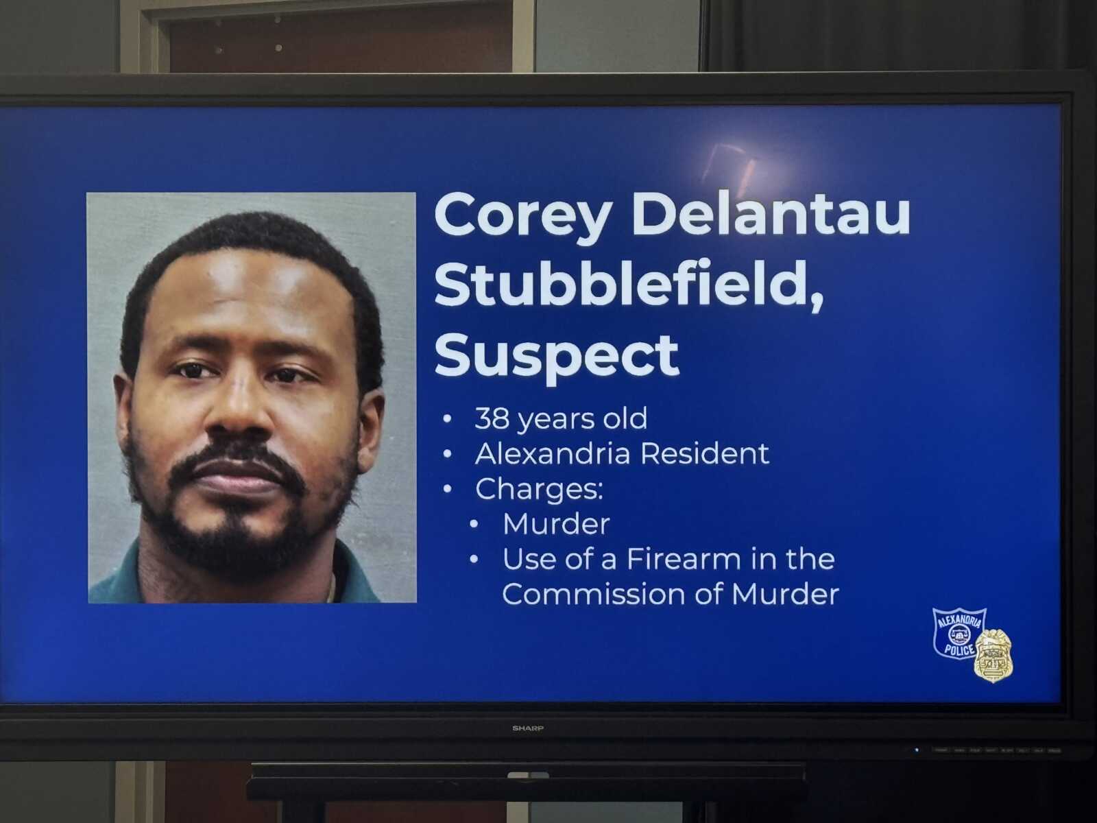 Mugshot of Corey Delantau Stubblefield, 38, Alexandria resident, labeled as a suspect with murder and firearm charges.
