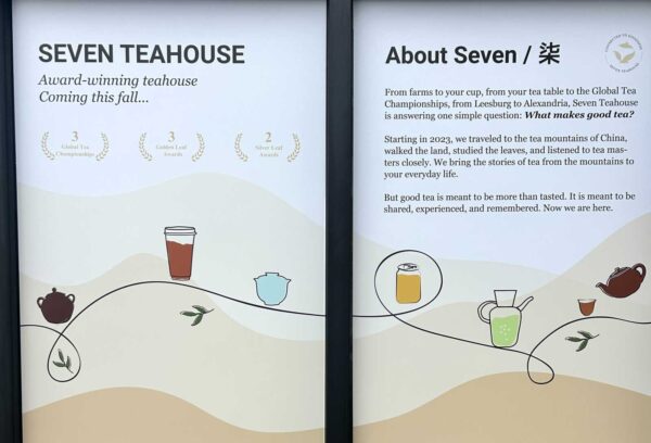 Two panel display for Seven Teahouse: left board with awards and drink illustration; right board with 'About Seven' text and tea-related drawings.