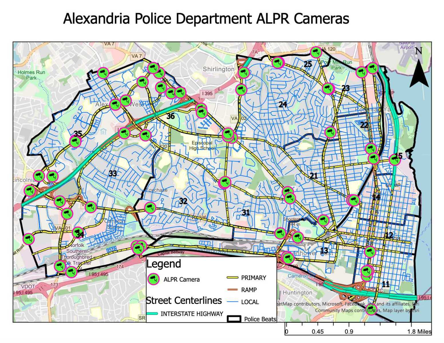 Map of Flock camera locations in Alexandria (via APD) | ALXnow Map showing Alexandria ALPR camera locations (green circles) scattered along streets and highways, with a legend at the bottom.