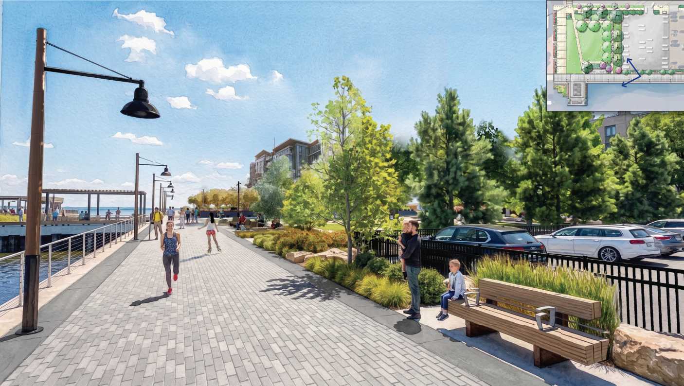 People walk along a waterfront promenade with trees, benches, and parked cars on the right; inset map shown in the top-right corner.