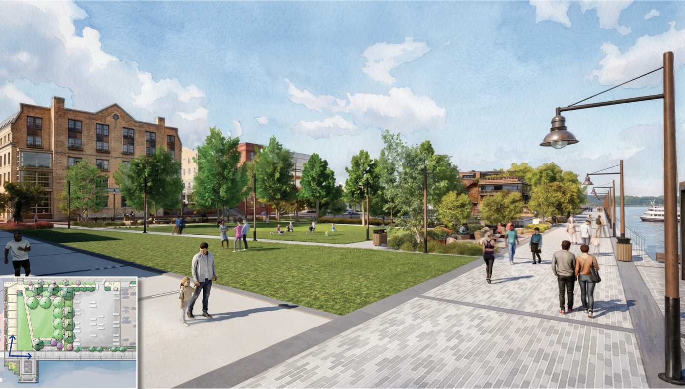 Waterfront promenade with people strolling along a tree-lined park and a brick-paved boardwalk by the water; an inset site plan appears bottom-left.