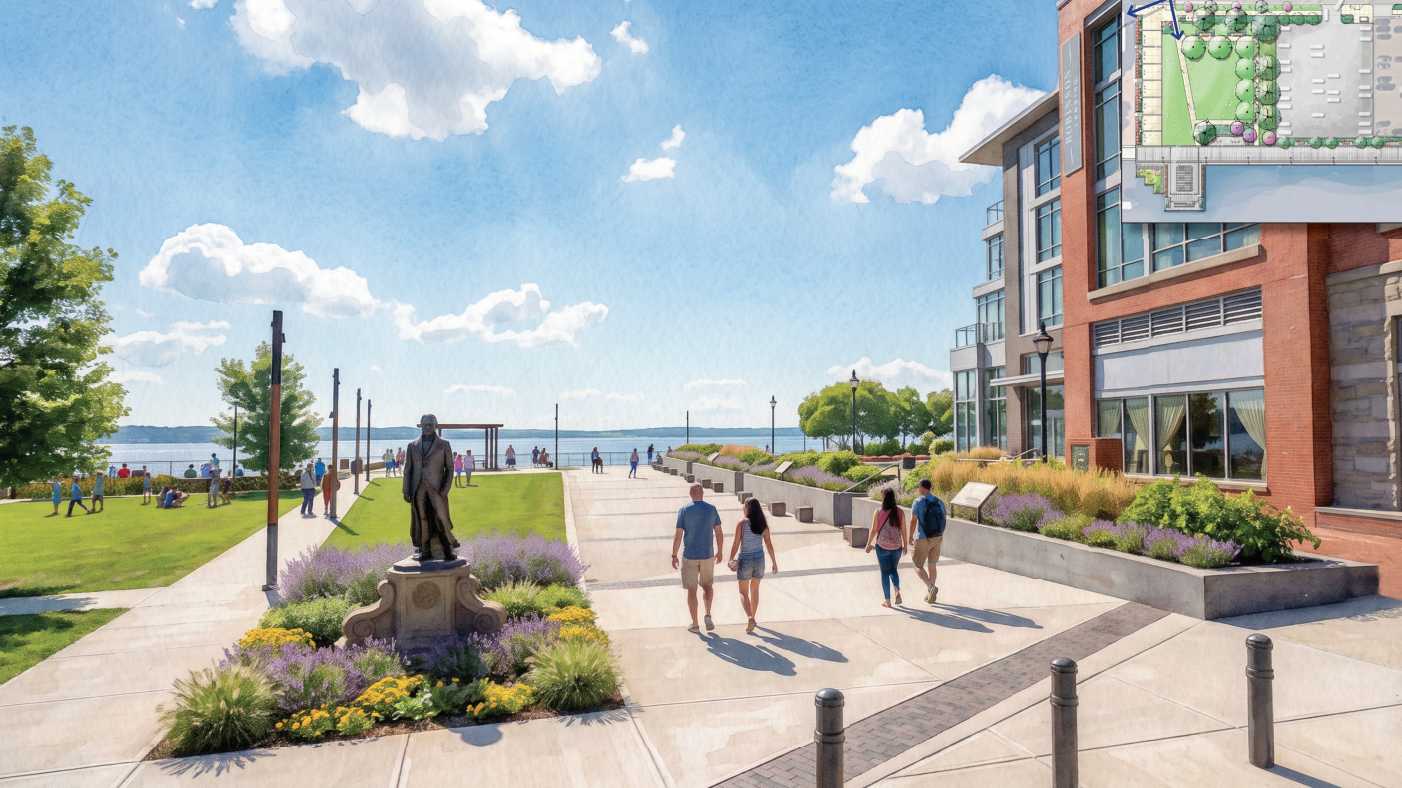 People walk along a seaside promenade past a statue in a flower bed, with a modern brick building and lake visible in the background on a sunny day.