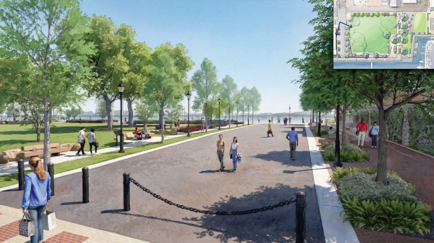 Wide, tree-lined waterfront promenade with benches, lampposts, and people walking or resting.