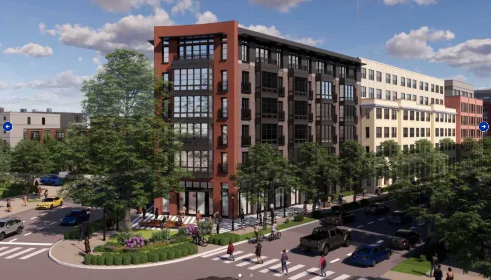 Render of a modern mixed-use building on a tree-lined street with pedestrians, crosswalks, and parked cars at curbside. (informative)