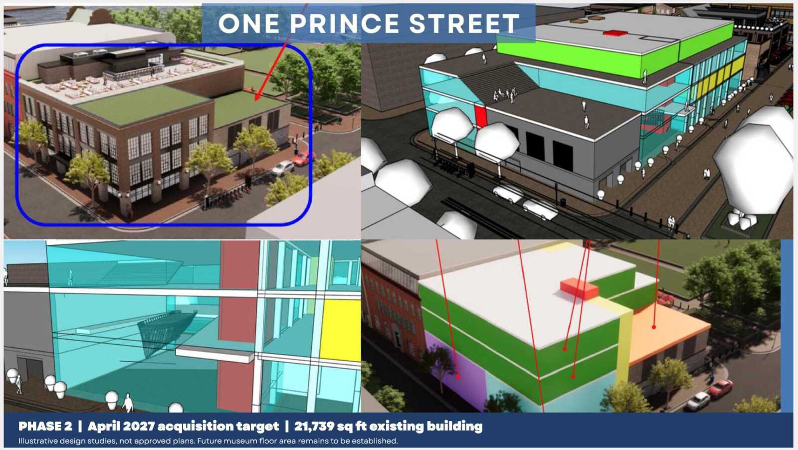 Four-panel architectural render collage for One Prince Street, with a blue outline around the left brick building and red arrows highlighting features, and a Phase 2 caption at the bottom.