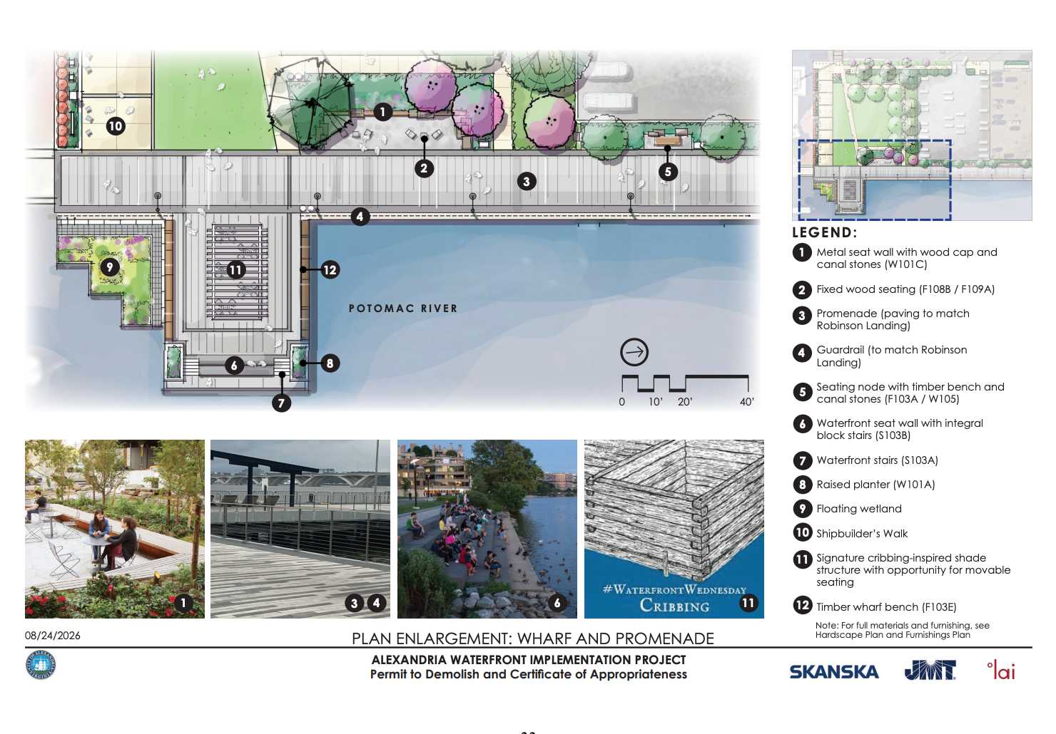 Plan enlargement of a waterfront wharf and promenade with numbered features and a legend describing seating, stairs, and greenery near Potomac River visualized in a master plan layout.
