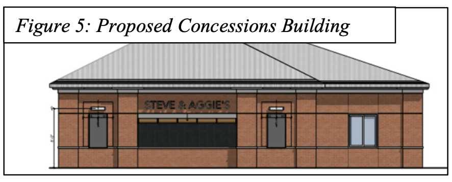 Front elevation of a proposed single-story brick concessions building labeled 'Steve & Aggie’s', with a central service window and two side doors under a metal roof.