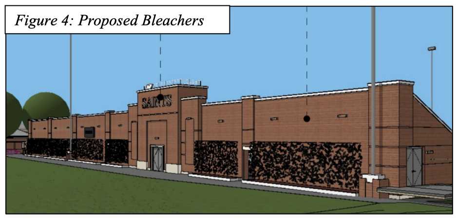 Architectural illustration labeled 'Figure 4: Proposed Bleachers' showing a long brick building with a proposed bleacher seating area along the front yard.