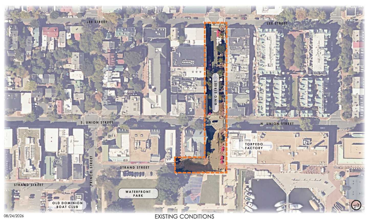 Aerial map of a waterfront district with an orange dashed route outlining a corridor along King Street and N Union Street, near Torpedo Factory and Waterfront Park.