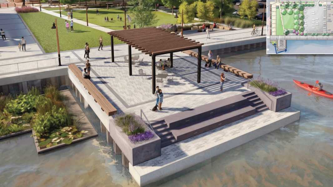Rendering of a riverside plaza with concrete terraces, steps to the water, long benches, a wooden pergola, planters, and people enjoying the space (inset site map in corner).