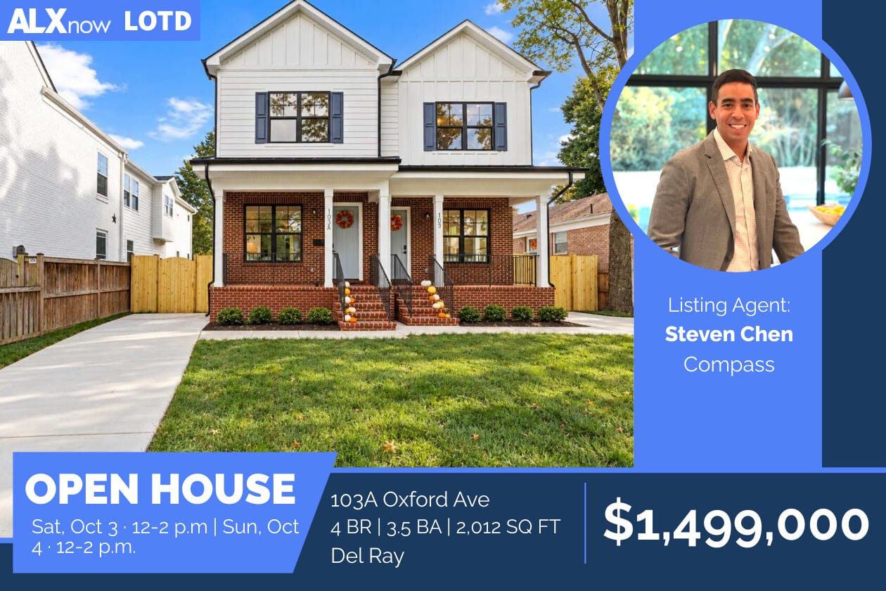 Open House ad for 103A Oxford Ave: two-story brick-and-siding home with a front porch; blue overlay includes agent Steven Chen (Compass) and listing price $1,499,000.