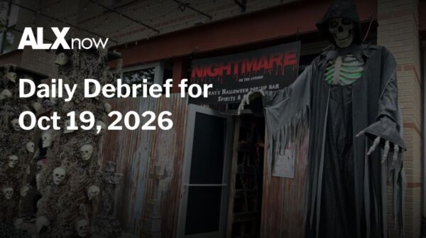 ALXnow Daily Debrief banner featuring Halloween decor outside a shop, dated Oct 19, 2026.