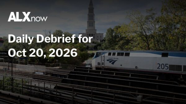ALXnow Daily Debrief banner with an Amtrak train on tracks and a tall tower in the background, Oct 20, 2026