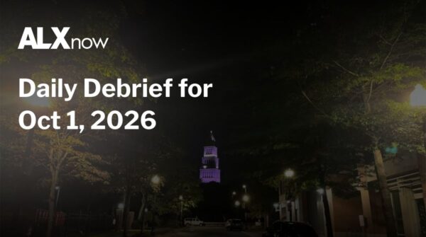 ALXnow logo with the headline 'Daily Debrief for Oct 1, 2026' over a nighttime street scene with illuminated trees and a distant tower.