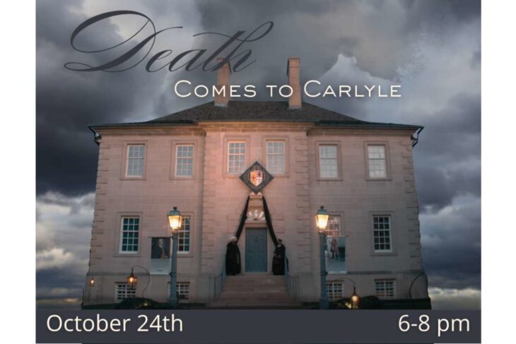 Poster for Death Comes to Carlyle showing a stone mansion at dusk with lit lamps; event on October 24th, 6–8 pm.