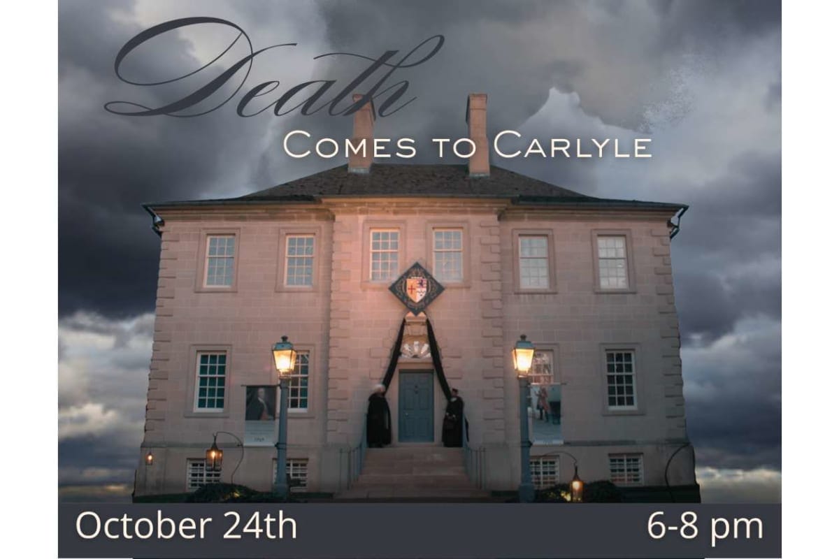 Poster for Death Comes to Carlyle showing a stone mansion at dusk with lit lamps; event on October 24th, 6–8 pm.