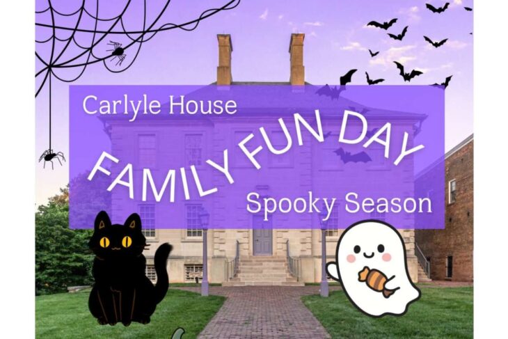 Poster for Carlyle House Family Fun Day—Spooky Season, with a purple banner over a mansion, a black cat, a cute ghost with a candy, bats, and spider webs.