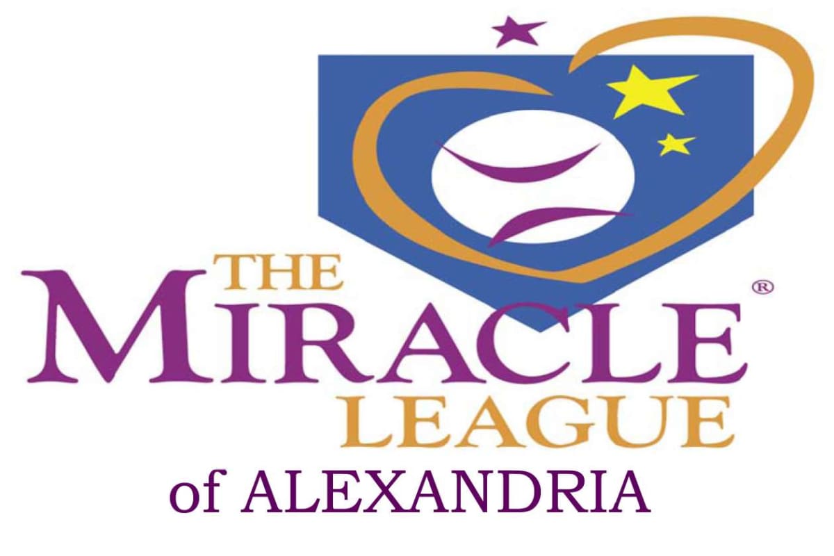 Logo for The Miracle League of Alexandria: blue shield with orange swoosh, stars, and a white ball, plus purple and gold text reading 'The Miracle League of Alexandria'.